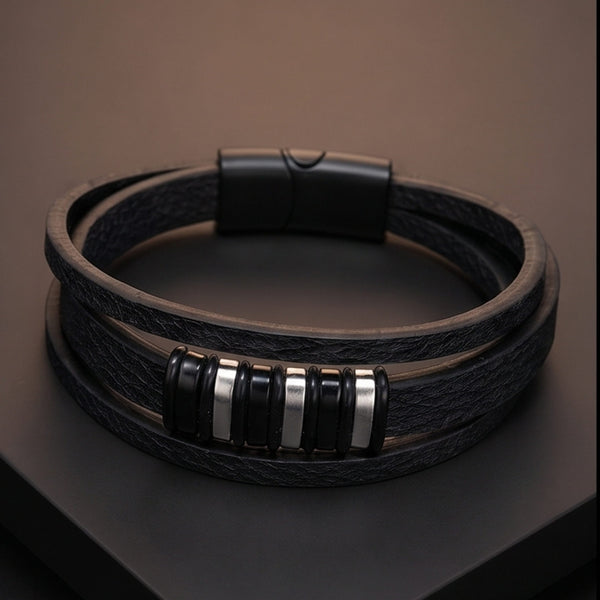 ONYX BARS - 22mm Genuine Leather Multi-Layer Bracelet with Stainless Steel Magnetic Buckle for Men & Boys (8 inch)