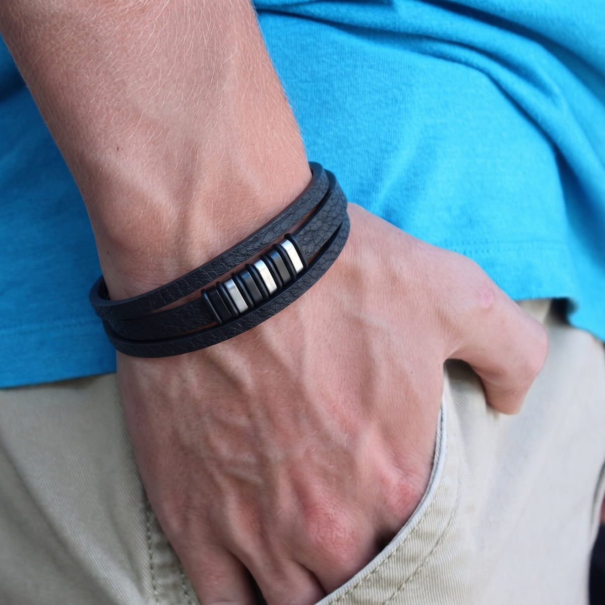 THE MEN THING Leather Bracelet ONYX BARS - 22mm Genuine Leather Multi-Layer Bracelet with Stainless Steel Magnetic Buckle for Men & Boys (8 inch)