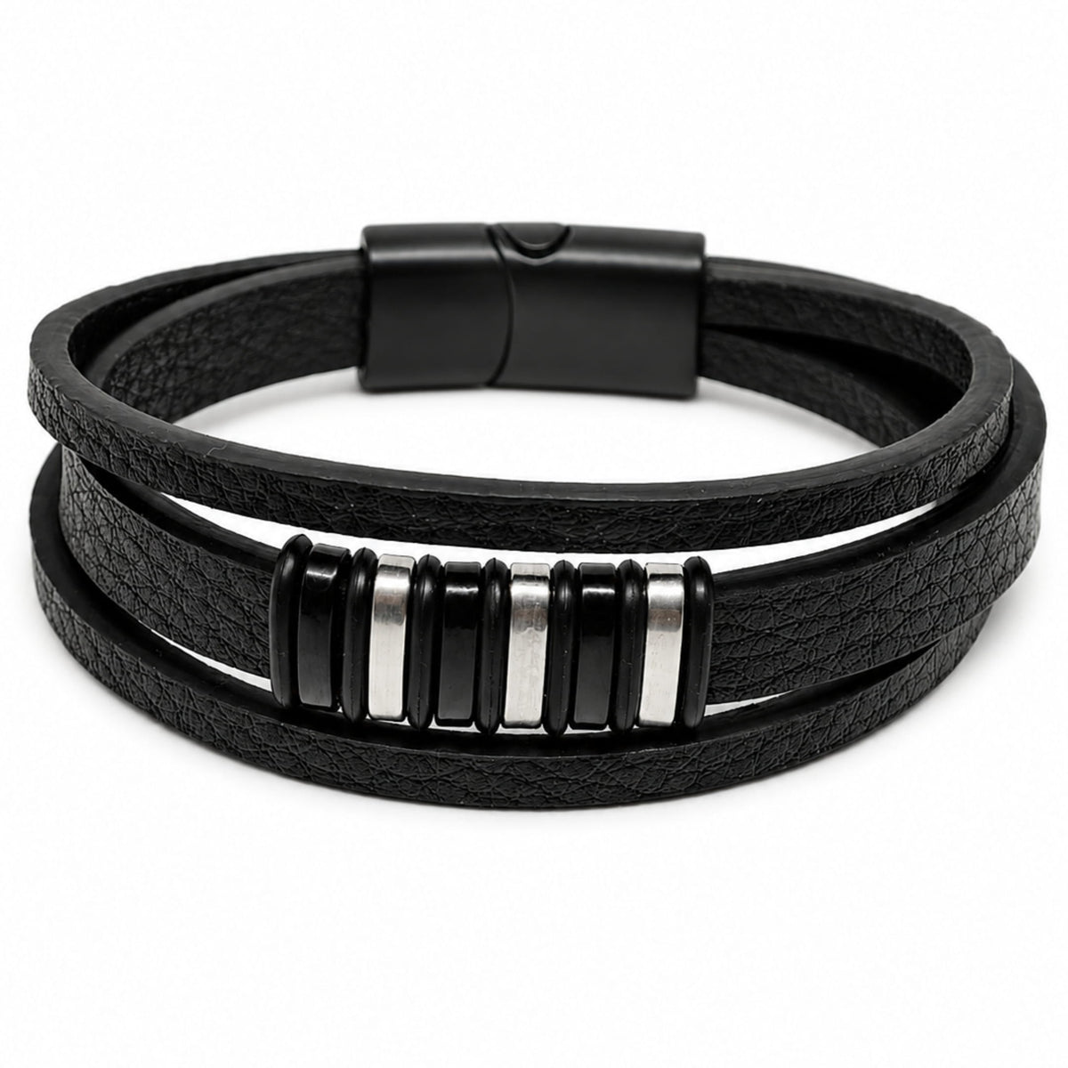 THE MEN THING Leather Bracelet ONYX BARS - 22mm Genuine Leather Multi-Layer Bracelet with Stainless Steel Magnetic Buckle for Men & Boys (8 inch)