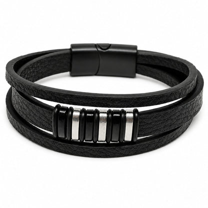 THE MEN THING Leather Bracelet ONYX BARS - 22mm Genuine Leather Multi-Layer Bracelet with Stainless Steel Magnetic Buckle for Men & Boys (8 inch)