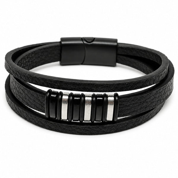 ONYX BARS - 22mm Genuine Leather Multi-Layer Bracelet with Stainless Steel Magnetic Buckle for Men & Boys (8 inch)