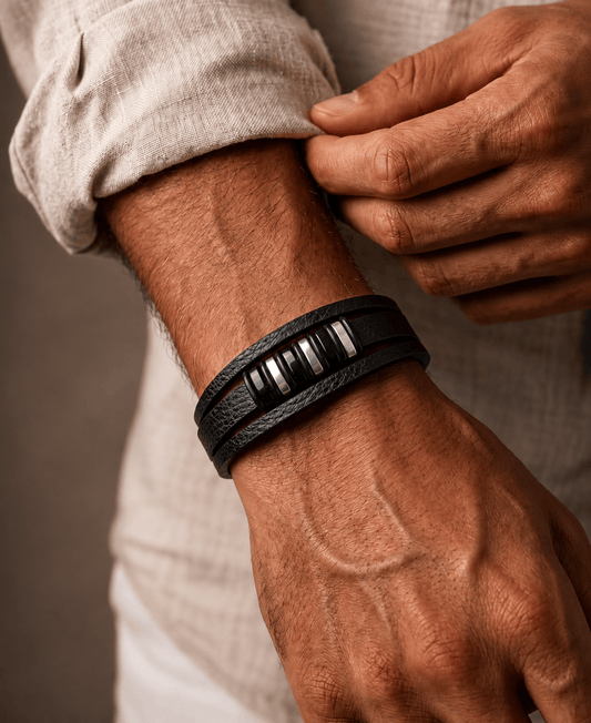 THE MEN THING Leather Bracelet ONYX BARS - 22mm Genuine Leather Multi-Layer Bracelet with Stainless Steel Magnetic Buckle for Men & Boys (8 inch)