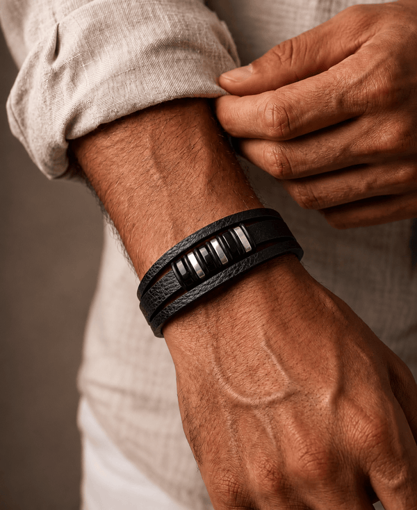 ONYX BARS - 22mm Genuine Leather Multi-Layer Bracelet with Stainless Steel Magnetic Buckle for Men & Boys (8 inch)