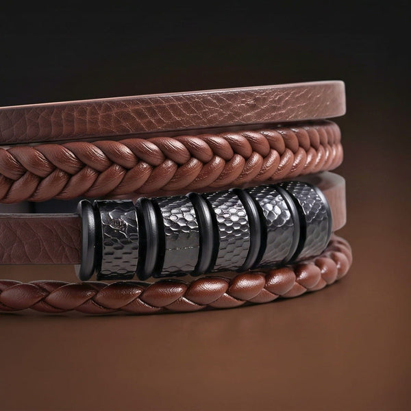 ONYX RIDGE - 14mm Genuine Leather Multi-Layer Bracelet with Stainless Steel Magnetic Buckle for Men & Boys (8 inch)