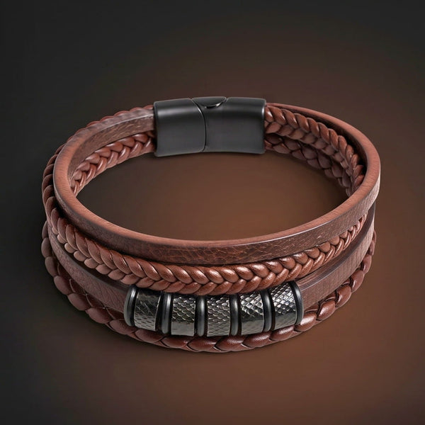 ONYX RIDGE - 14mm Genuine Leather Multi-Layer Bracelet with Stainless Steel Magnetic Buckle for Men & Boys (8 inch)