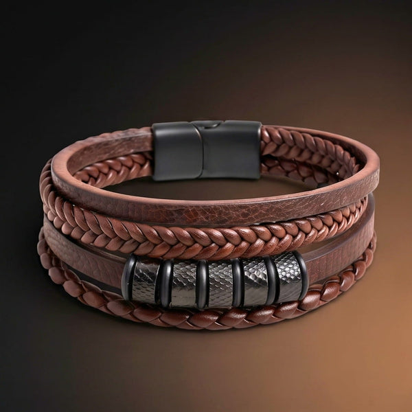 ONYX RIDGE - 14mm Genuine Leather Multi-Layer Bracelet with Stainless Steel Magnetic Buckle for Men & Boys (8 inch)