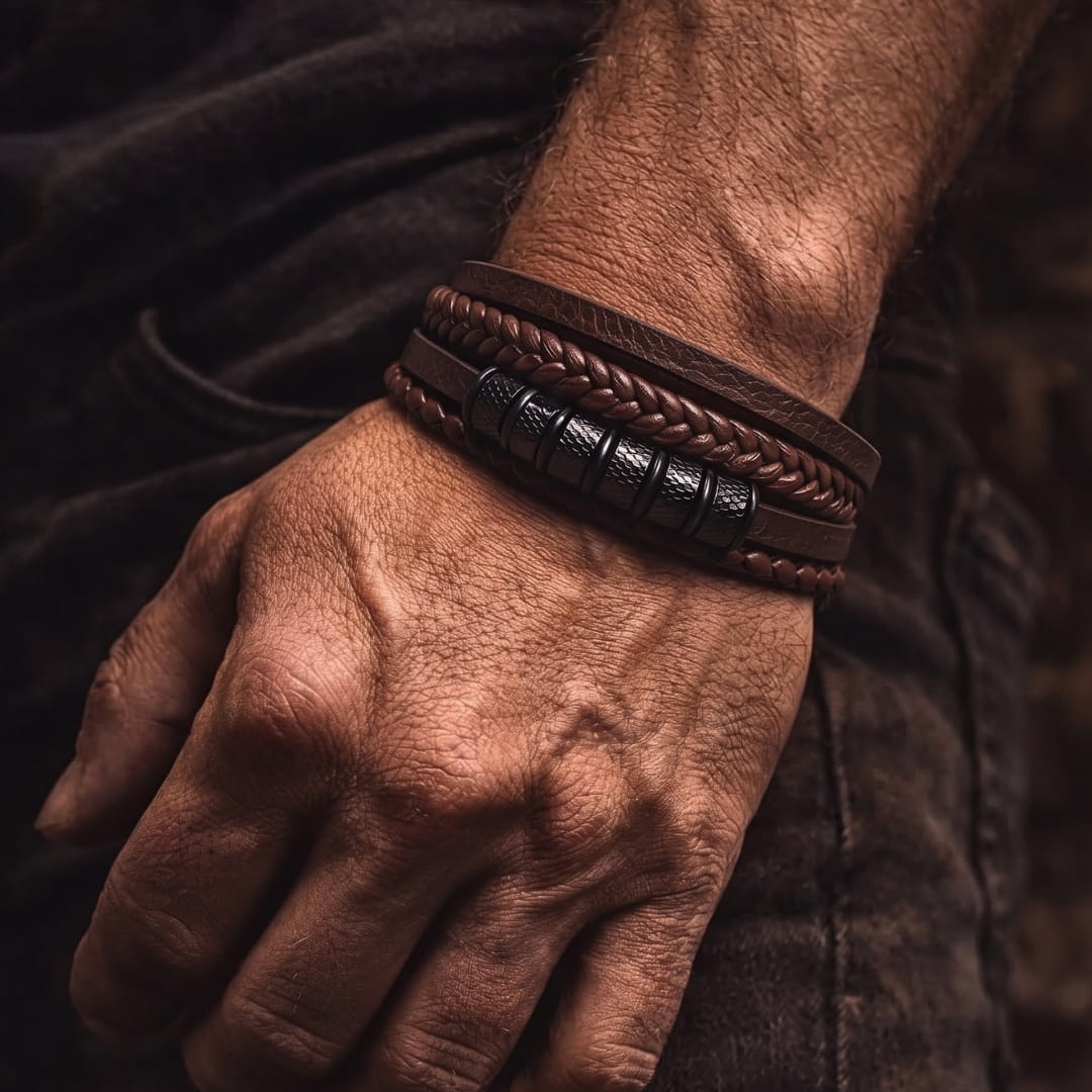 THE MEN THING Leather Bracelet ONYX RIDGE - 14mm Genuine Leather Multi-Layer Bracelet with Stainless Steel Magnetic Buckle for Men & Boys (8 inch)