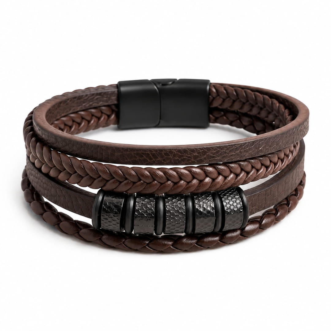 THE MEN THING Leather Bracelet ONYX RIDGE - 14mm Genuine Leather Multi-Layer Bracelet with Stainless Steel Magnetic Buckle for Men & Boys (8 inch)
