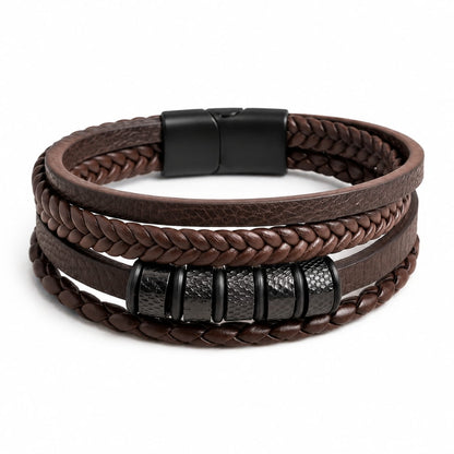 THE MEN THING Leather Bracelet ONYX RIDGE - 14mm Genuine Leather Multi-Layer Bracelet with Stainless Steel Magnetic Buckle for Men & Boys (8 inch)