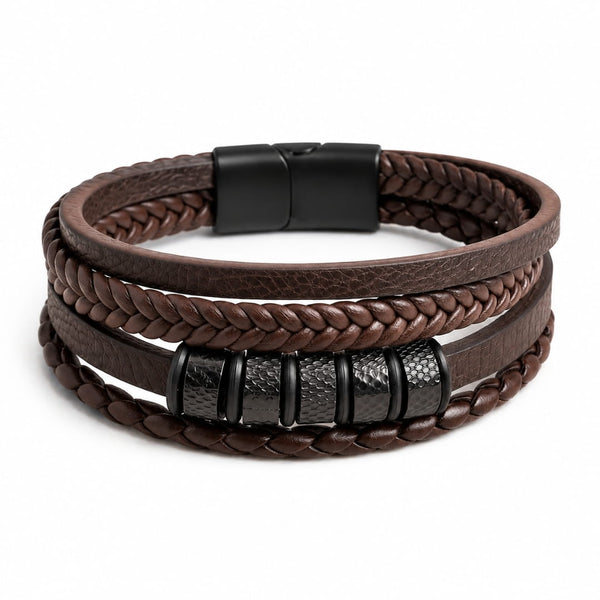ONYX RIDGE - 14mm Genuine Leather Multi-Layer Bracelet with Stainless Steel Magnetic Buckle for Men & Boys (8 inch)