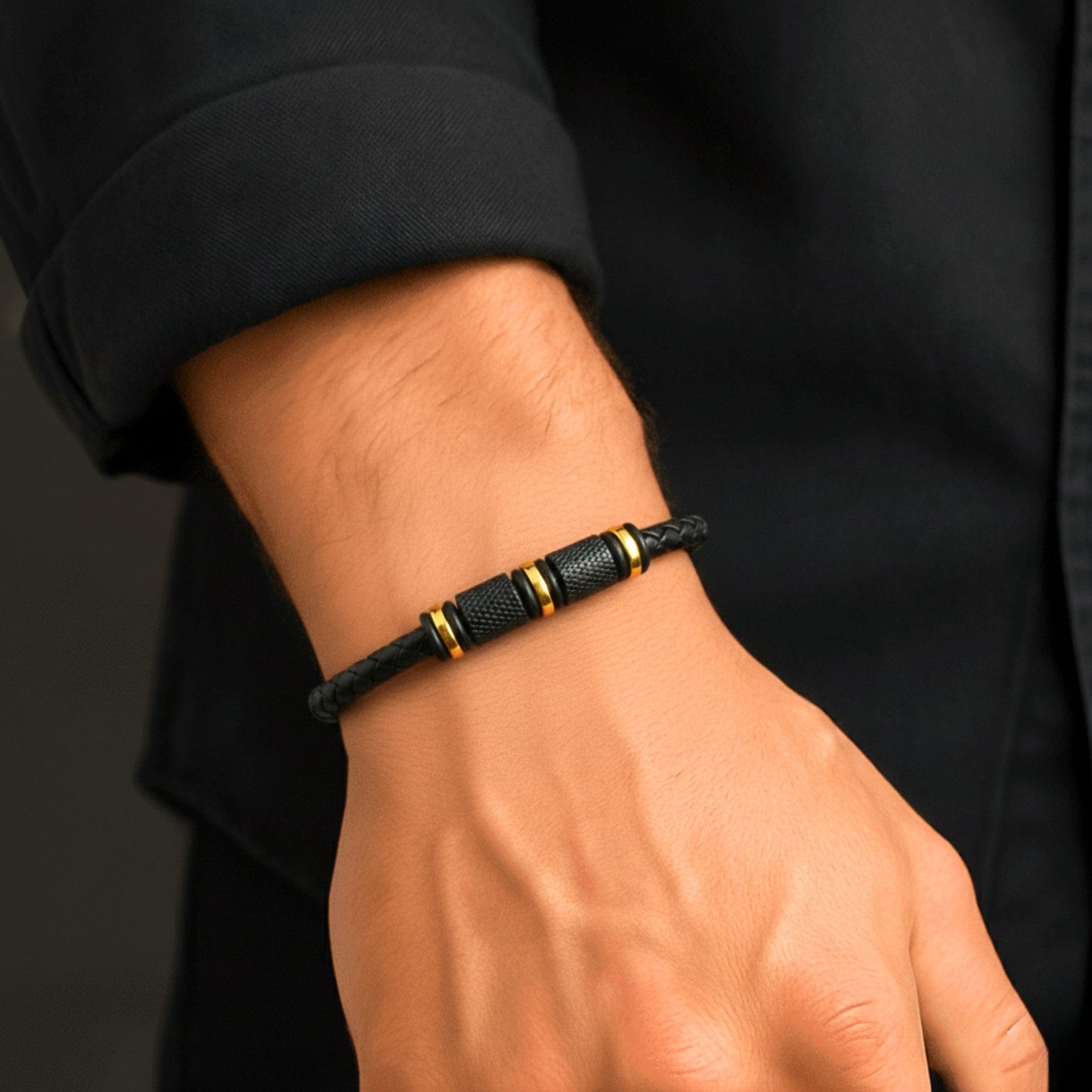 THE MEN THING Leather Bracelet ONYX VALOR - Black 7mm Genuine Leather Bracelet with Stainless Steel Magnetic Buckle for Men & Boys (8 inch)