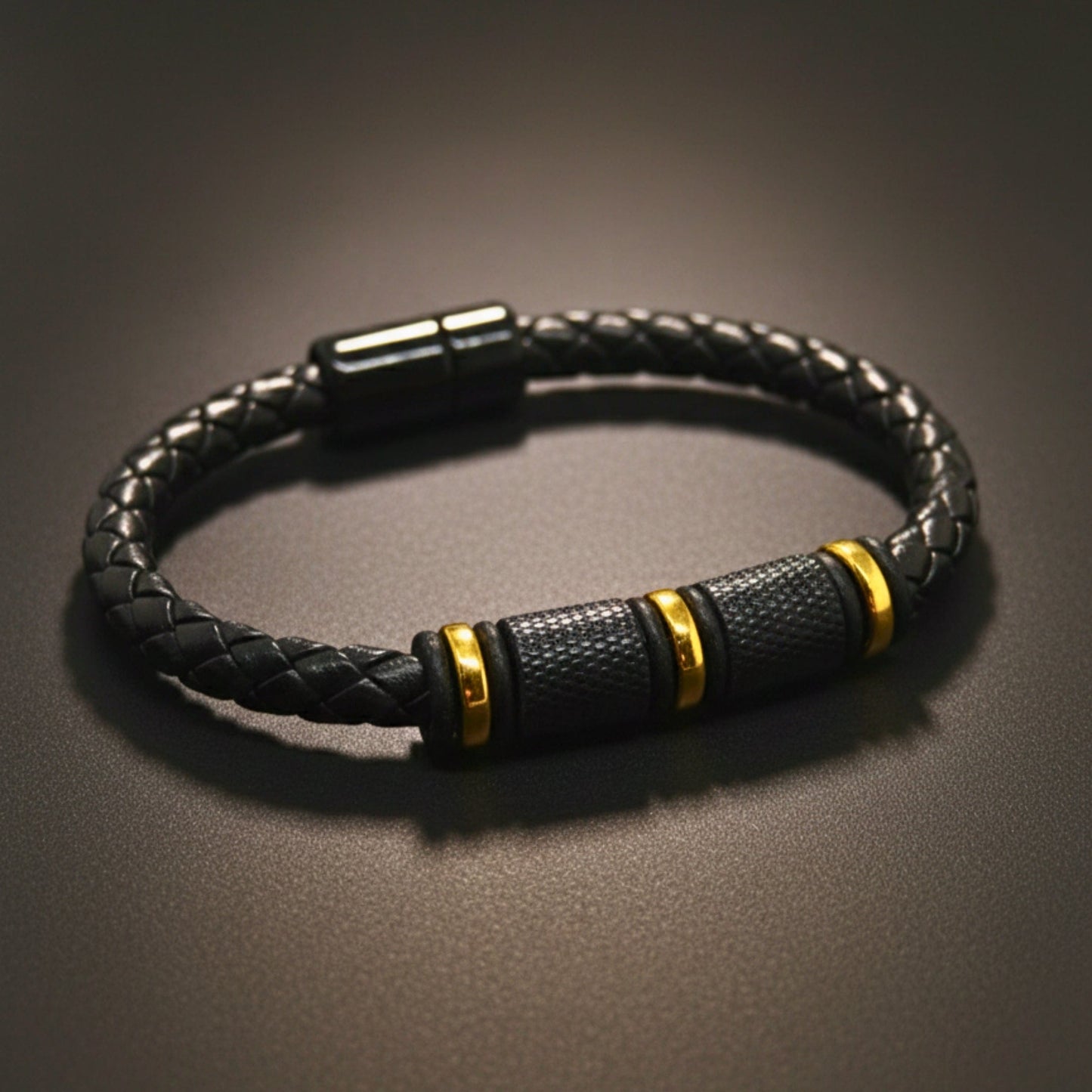 THE MEN THING Leather Bracelet ONYX VALOR - Black 7mm Genuine Leather Bracelet with Stainless Steel Magnetic Buckle for Men & Boys (8 inch)