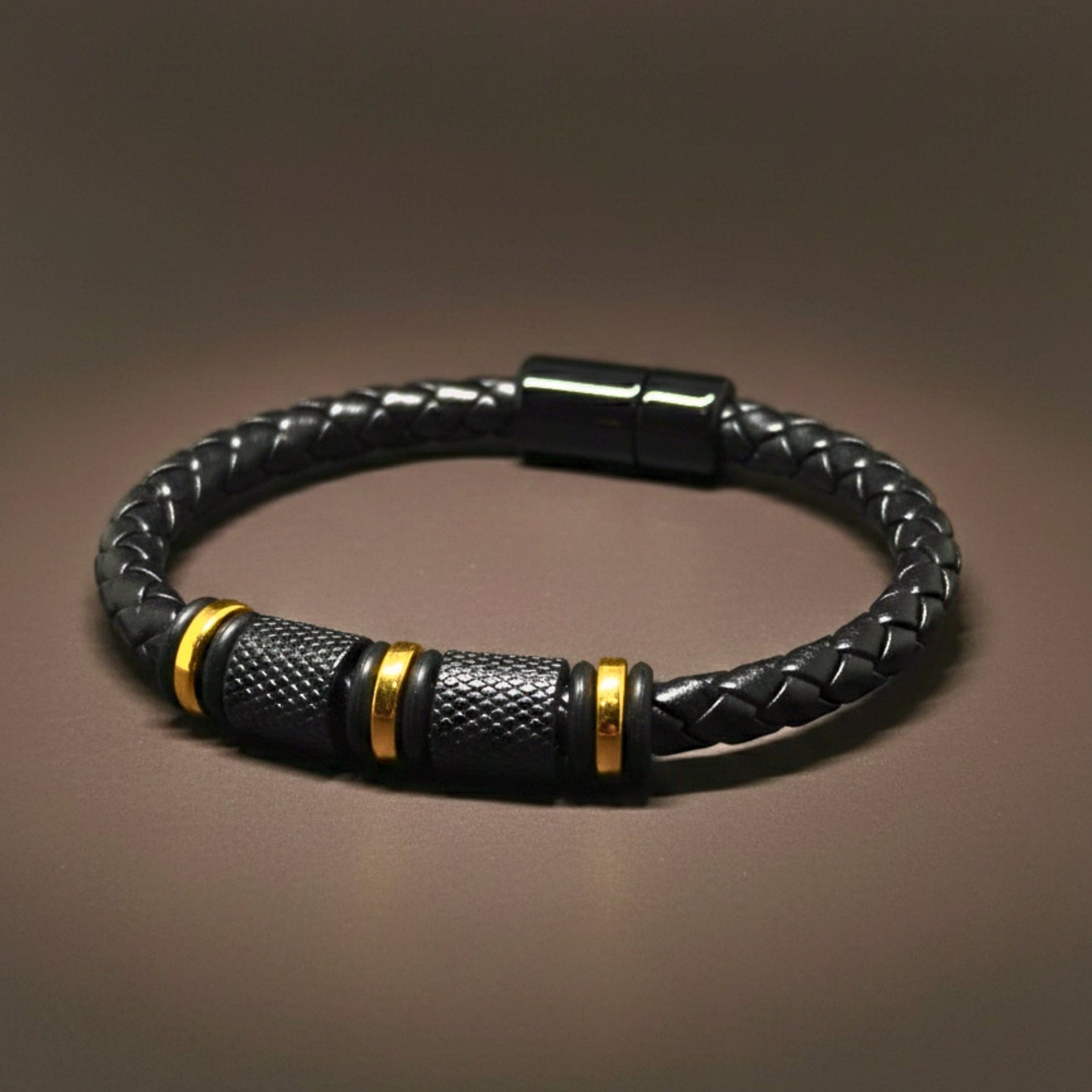 THE MEN THING Leather Bracelet ONYX VALOR - Black 7mm Genuine Leather Bracelet with Stainless Steel Magnetic Buckle for Men & Boys (8 inch)