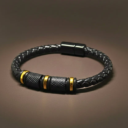 THE MEN THING Leather Bracelet ONYX VALOR - Black 7mm Genuine Leather Bracelet with Stainless Steel Magnetic Buckle for Men & Boys (8 inch)