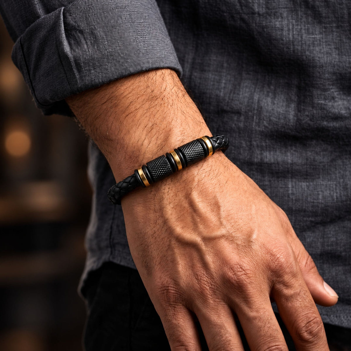 THE MEN THING Leather Bracelet ONYX VALOR - Black 7mm Genuine Leather Bracelet with Stainless Steel Magnetic Buckle for Men & Boys (8 inch)