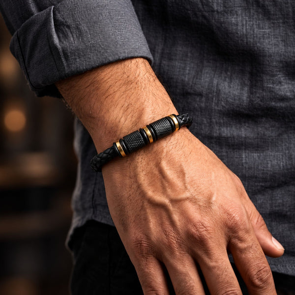 ONYX VALOR - Black 7mm Genuine Leather Bracelet with Stainless Steel Magnetic Buckle for Men & Boys (8 inch)