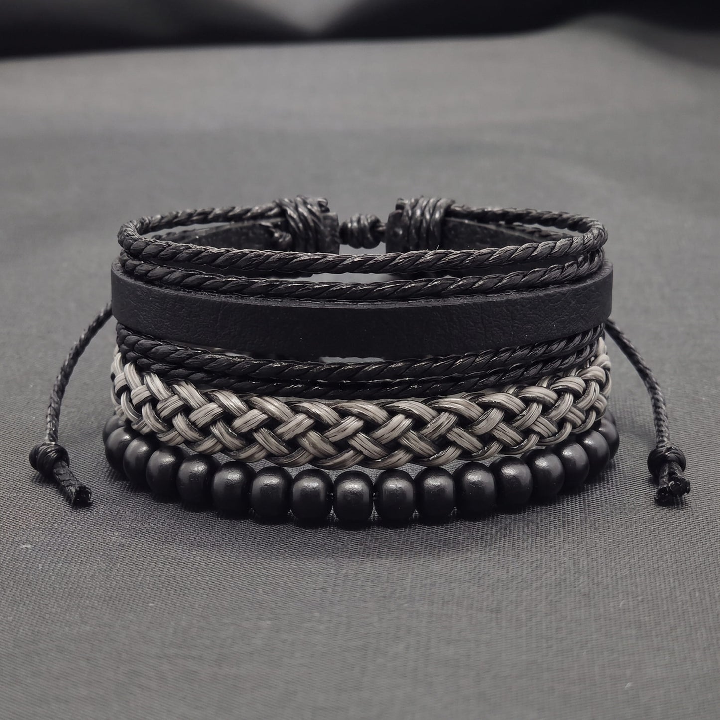 THE MEN THING Leather Bracelet ONYX WEAVE - 3Pcs Genuine Leather Adjustable Bracelets Set for Men & Boys