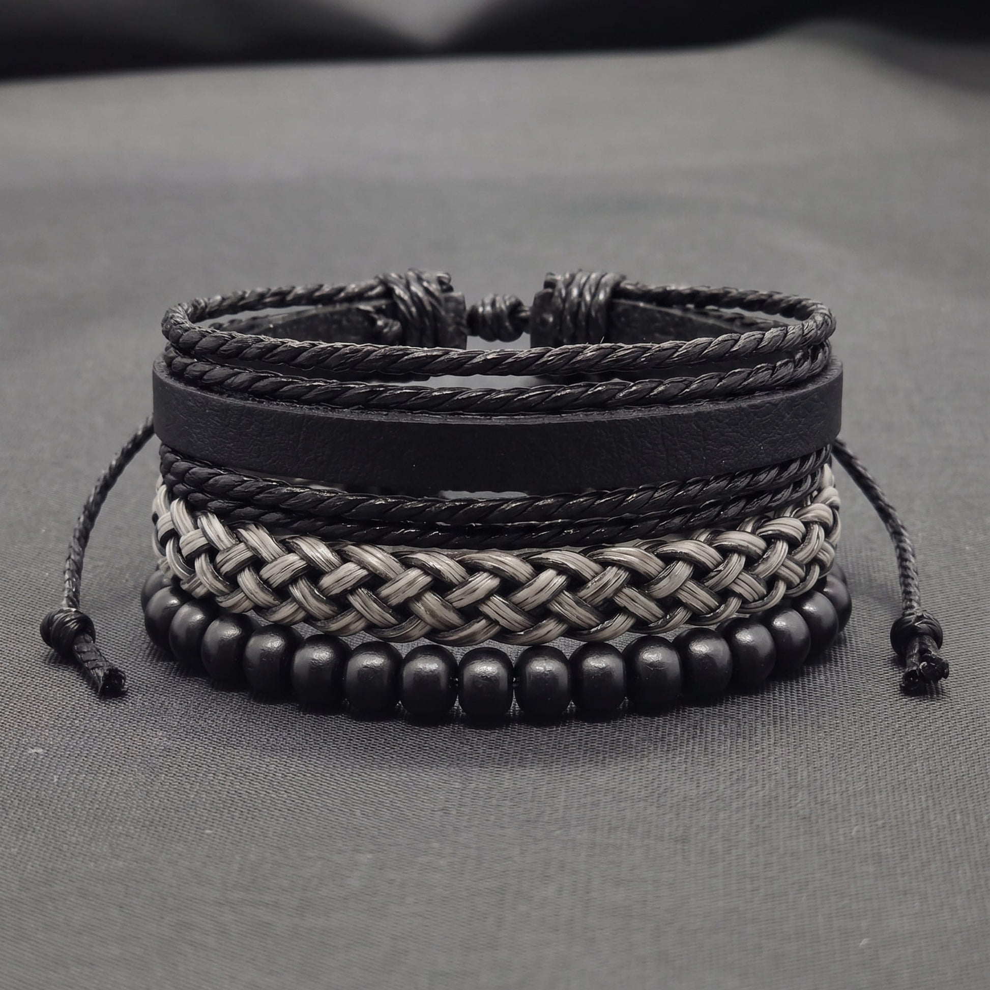 THE MEN THING Leather Bracelet ONYX WEAVE - 3Pcs Genuine Leather Adjustable Bracelets Set for Men & Boys
