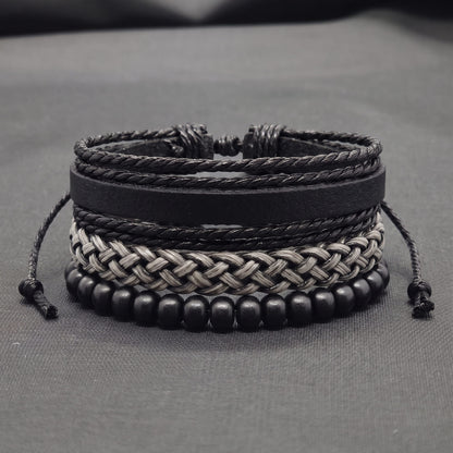 THE MEN THING Leather Bracelet ONYX WEAVE - 3Pcs Genuine Leather Adjustable Bracelets Set for Men & Boys