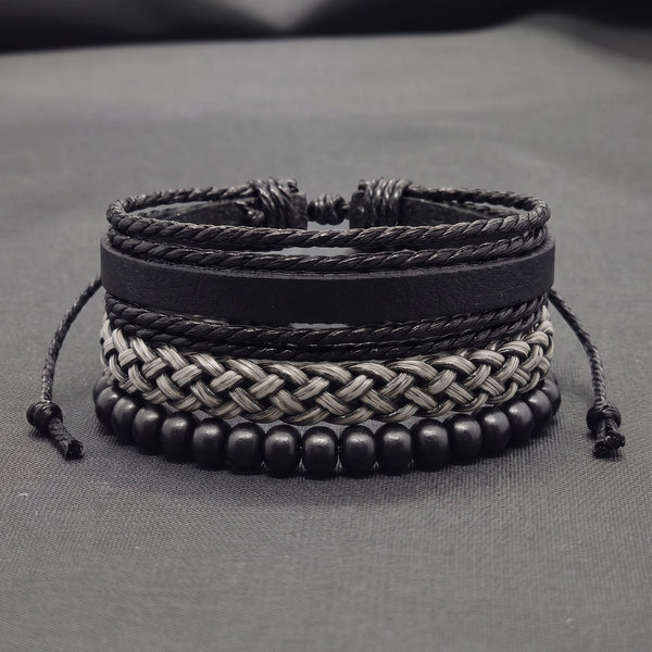 ONYX WEAVE - 3Pcs Genuine Leather Adjustable Bracelets Set for Men & Boys