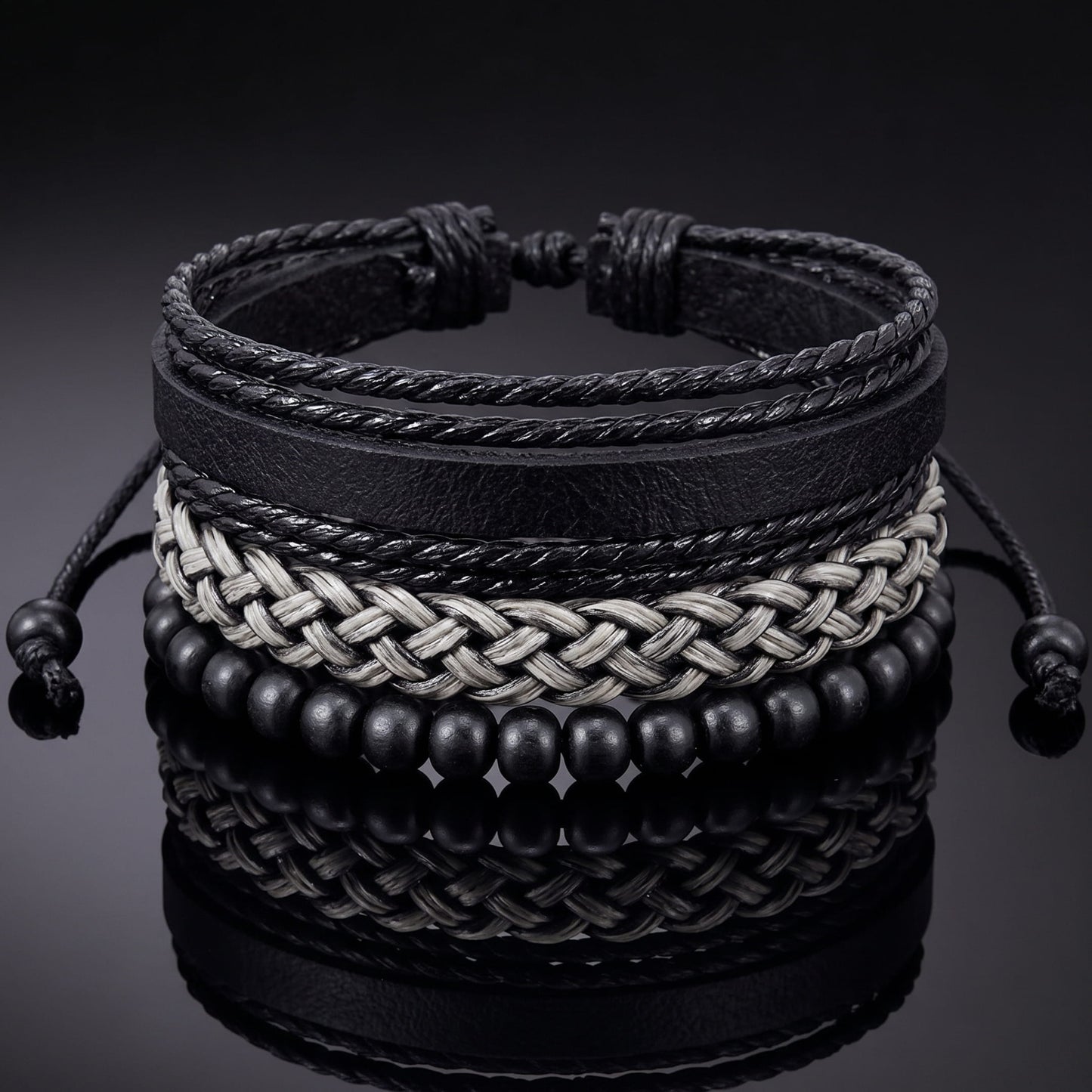 THE MEN THING Leather Bracelet ONYX WEAVE - 3Pcs Genuine Leather Adjustable Bracelets Set for Men & Boys