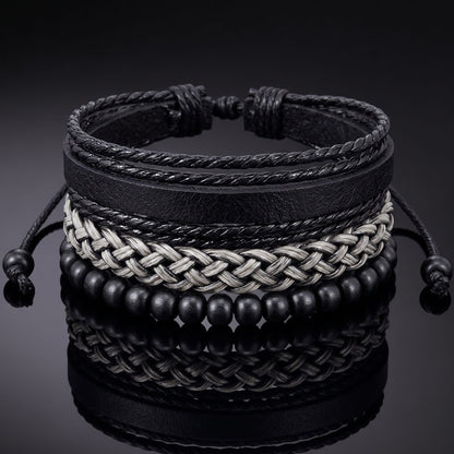 THE MEN THING Leather Bracelet ONYX WEAVE - 3Pcs Genuine Leather Adjustable Bracelets Set for Men & Boys