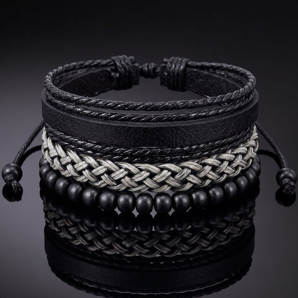 ONYX WEAVE - 3Pcs Genuine Leather Adjustable Bracelets Set for Men & Boys
