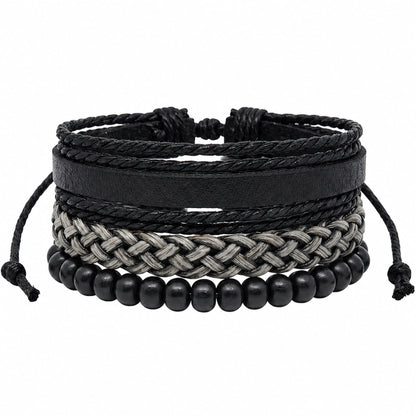 THE MEN THING Leather Bracelet ONYX WEAVE - 3Pcs Genuine Leather Adjustable Bracelets Set for Men & Boys