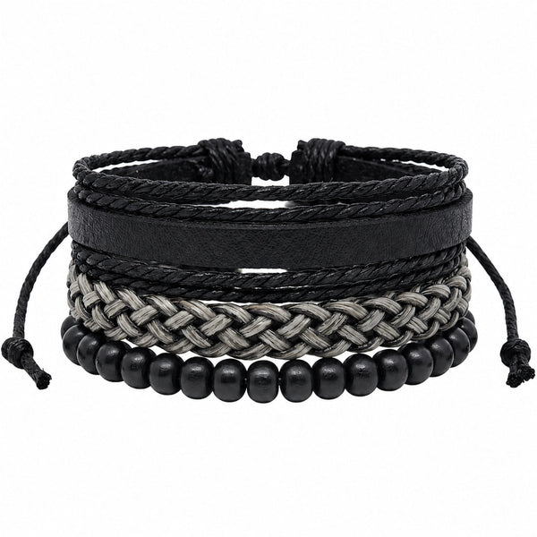 ONYX WEAVE - 3Pcs Genuine Leather Adjustable Bracelets Set for Men & Boys