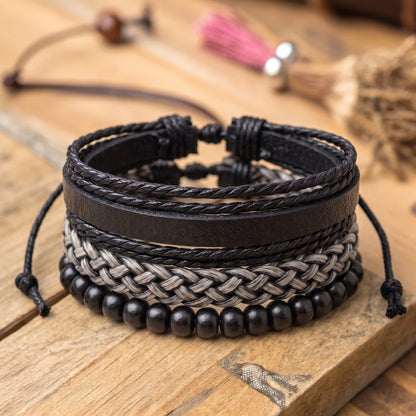 THE MEN THING Leather Bracelet ONYX WEAVE - 3Pcs Genuine Leather Adjustable Bracelets Set for Men & Boys