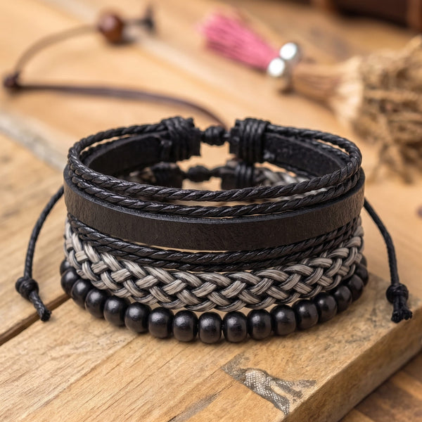 ONYX WEAVE - 3Pcs Genuine Leather Adjustable Bracelets Set for Men & Boys