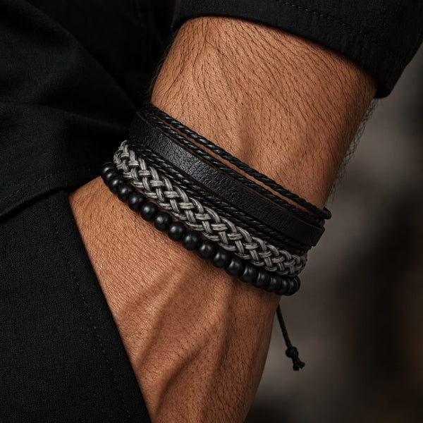 ONYX WEAVE - 3Pcs Genuine Leather Adjustable Bracelets Set for Men & Boys