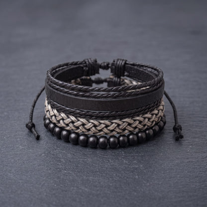 THE MEN THING Leather Bracelet ONYX WEAVE - 3Pcs Genuine Leather Adjustable Bracelets Set for Men & Boys
