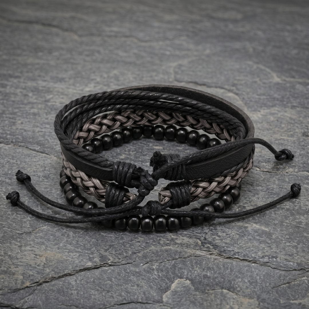 THE MEN THING Leather Bracelet ONYX WEAVE - 3Pcs Genuine Leather Adjustable Bracelets Set for Men & Boys