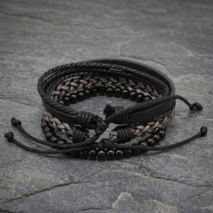 THE MEN THING Leather Bracelet ONYX WEAVE - 3Pcs Genuine Leather Adjustable Bracelets Set for Men & Boys