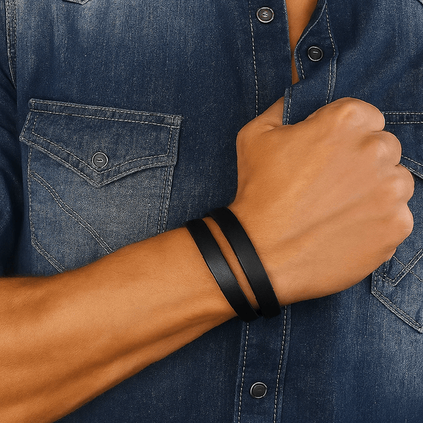 आउटबैक ब्लैक - पुरुषों और लड़कों के लिए स्टेनलेस स्टील हुक के साथ असली लेदर एडजस्टेबल कफ ब्रेसलेट