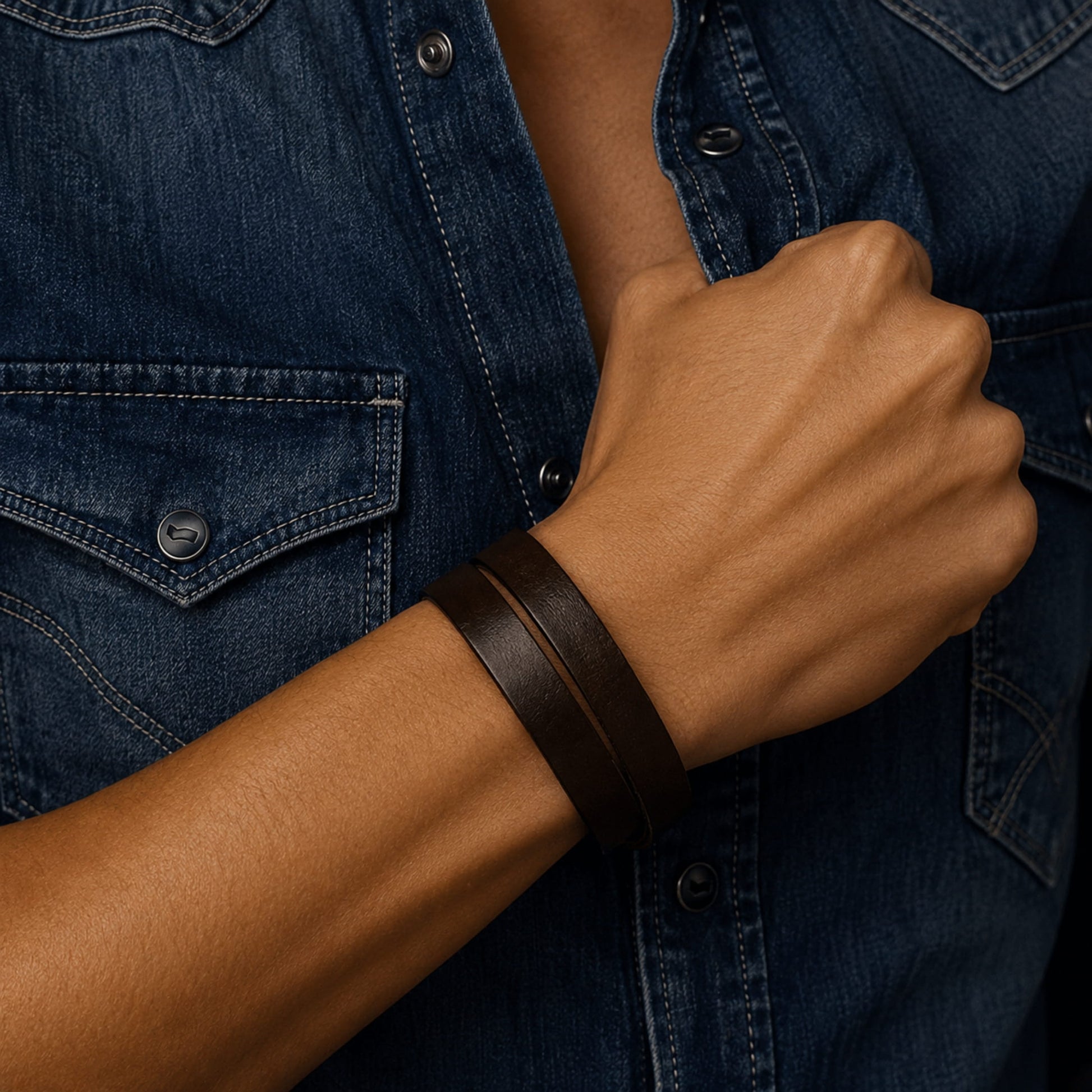 THE MEN THING Leather Bracelet OUTBACK BLACK - Genuine Leather Adjustable Cuff Bracelet with Stainless Steel Hook for Men & Boys