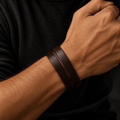 THE MEN THING Leather Bracelet OUTBACK BLACK - Genuine Leather Adjustable Cuff Bracelet with Stainless Steel Hook for Men & Boys