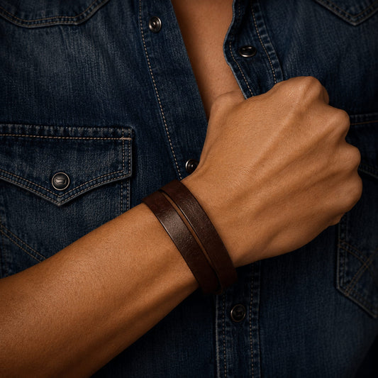 THE MEN THING Leather Bracelet OUTBACK BROWN - Genuine Leather Adjustable Cuff Bracelet with Stainless Steel Hook for Men & Boys