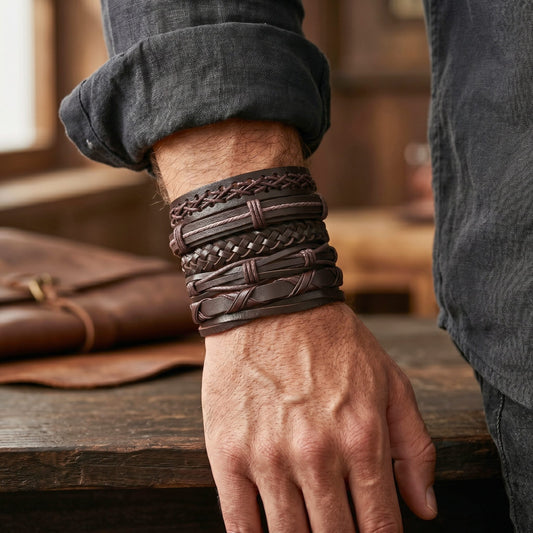 THE MEN THING Leather Bracelet OUTLANDER WRAP - 6 Pcs Genuine Leather Adjustable Bracelet for Men & Boys