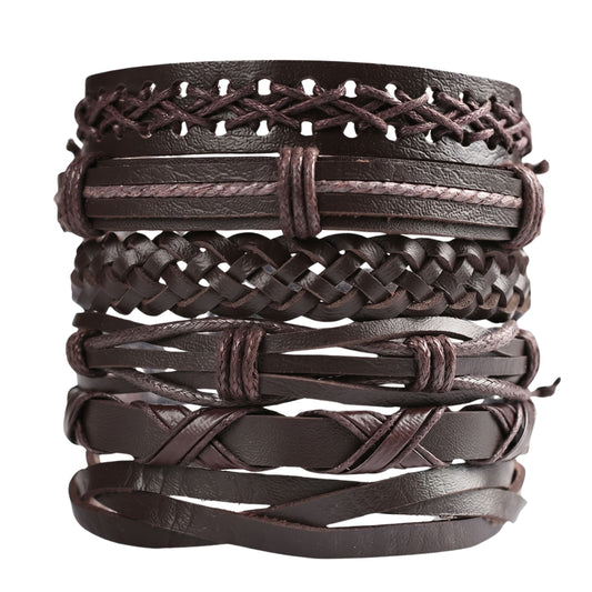 THE MEN THING Leather Bracelet OUTLANDER WRAP - 6 Pcs Genuine Leather Adjustable Bracelet for Men & Boys
