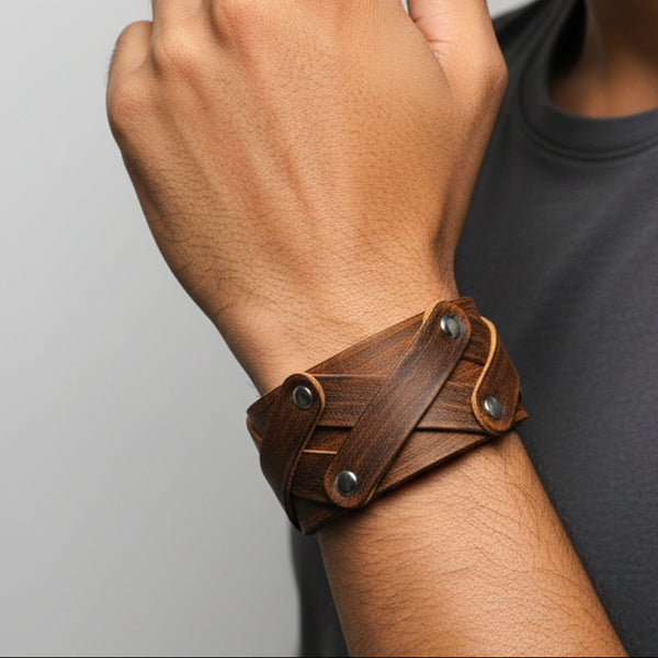 OUTLAW CRISS - 40mm Brown Genuine Leather Adjustable Bracelet for Men & Boys (9.5 inch)