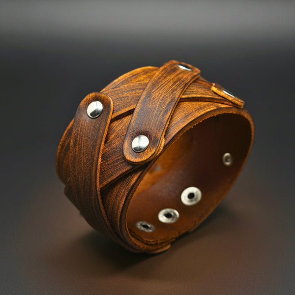 OUTLAW CRISS - 40mm Brown Genuine Leather Adjustable Bracelet for Men & Boys (9.5 inch)