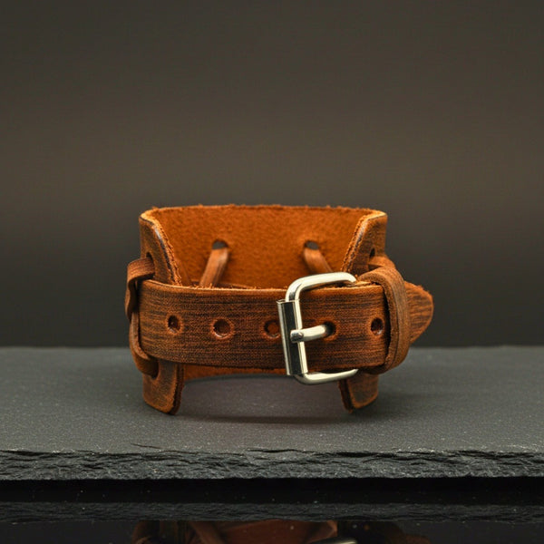 OUTLAW RIDGE - 51mm Brown Genuine Leather Adjustable Bracelet for Men & Boys (10.2 inch)