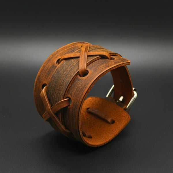 OUTLAW RIDGE - 51mm Brown Genuine Leather Adjustable Bracelet for Men & Boys (10.2 inch)