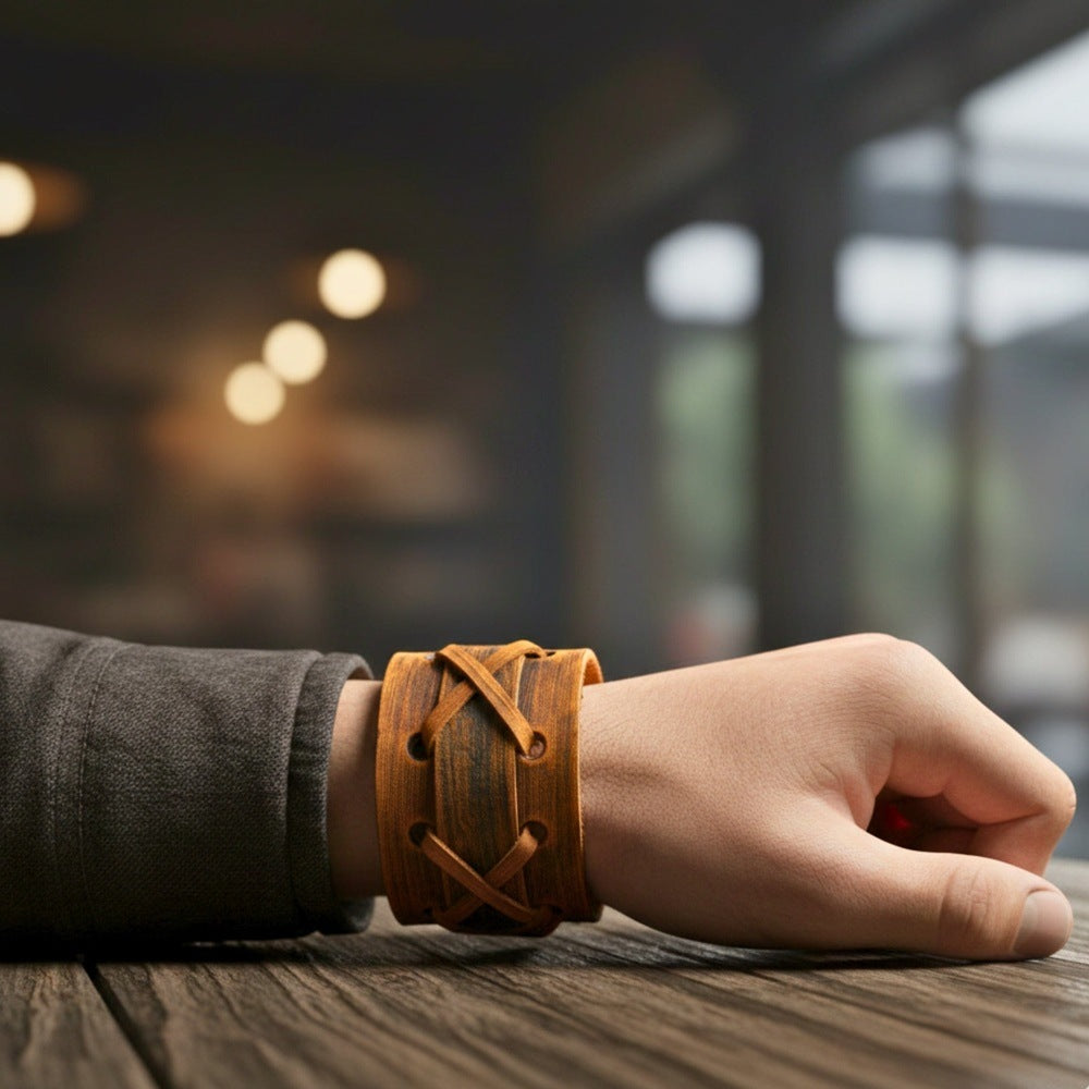 THE MEN THING Leather Bracelet OUTLAW RIDGE - 51mm Brown Genuine Leather Adjustable Bracelet for Men & Boys (10.2 inch)