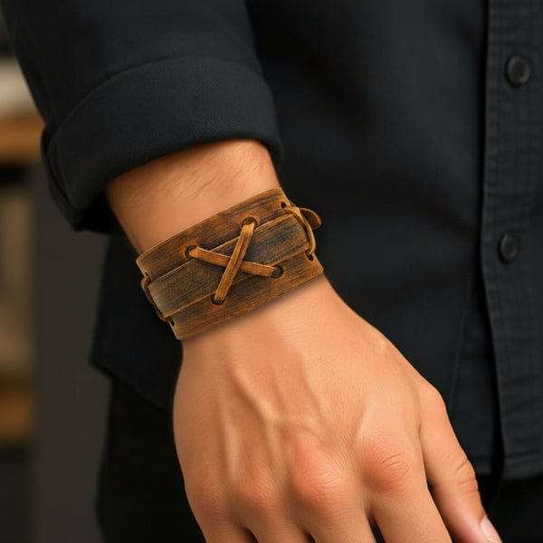 OUTLAW RIDGE - 51mm Brown Genuine Leather Adjustable Bracelet for Men & Boys (10.2 inch)