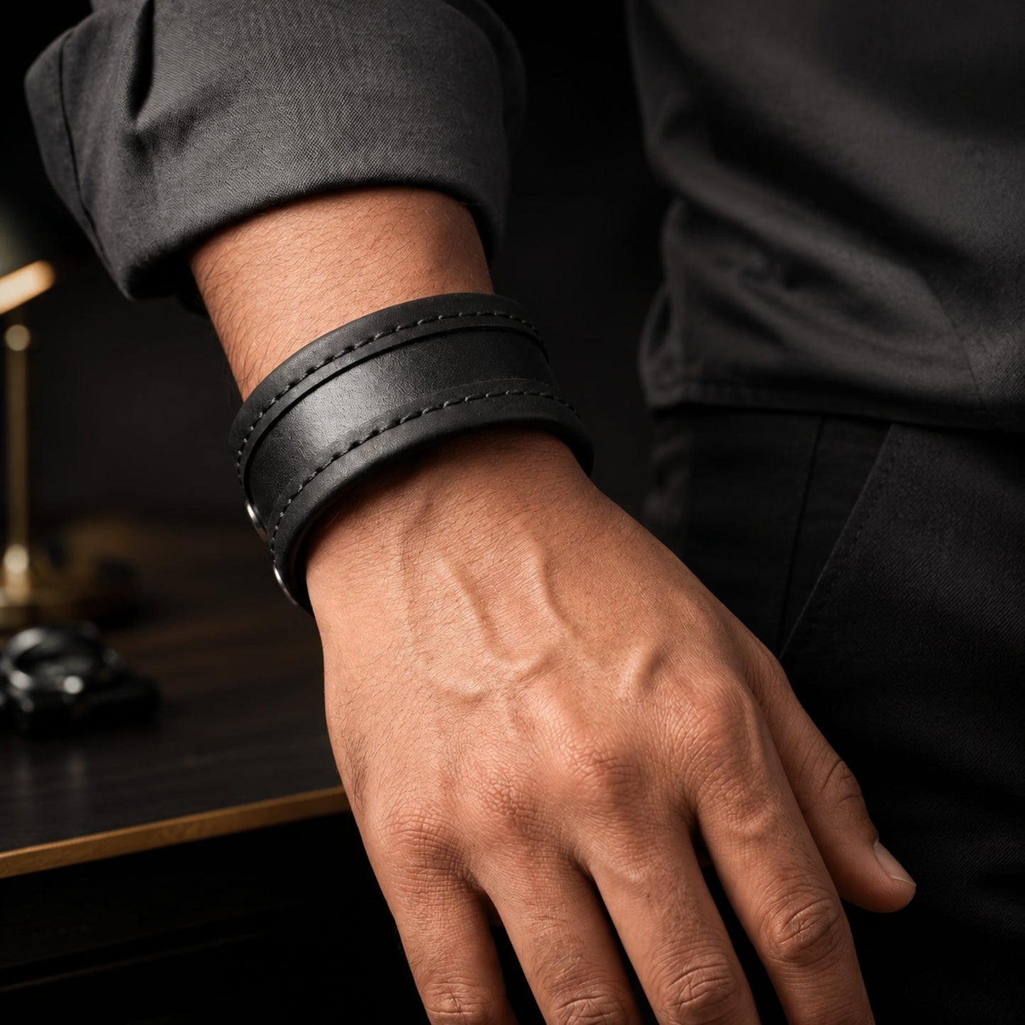 THE MEN THING Leather Bracelet OUTLAW WRAP BLACK - Genuine Braided Leather Bracelet Set for Men & Boys (8 inch)