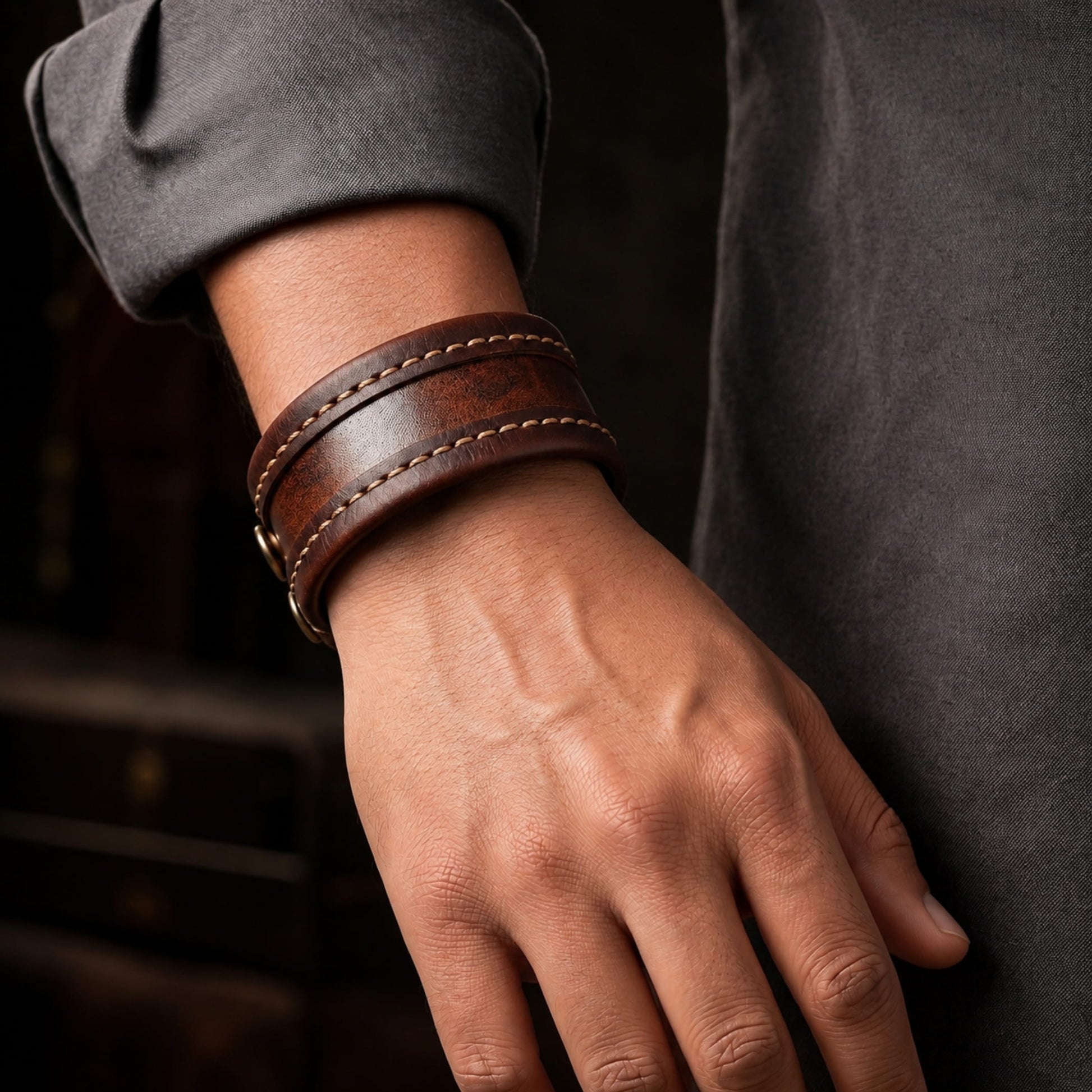 THE MEN THING Leather Bracelet OUTLAW WRAP BROWN - Genuine Braided Leather Bracelet Set for Men & Boys (8 inch)