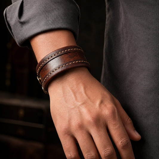 THE MEN THING Leather Bracelet OUTLAW WRAP BROWN - Genuine Braided Leather Bracelet Set for Men & Boys (8 inch)